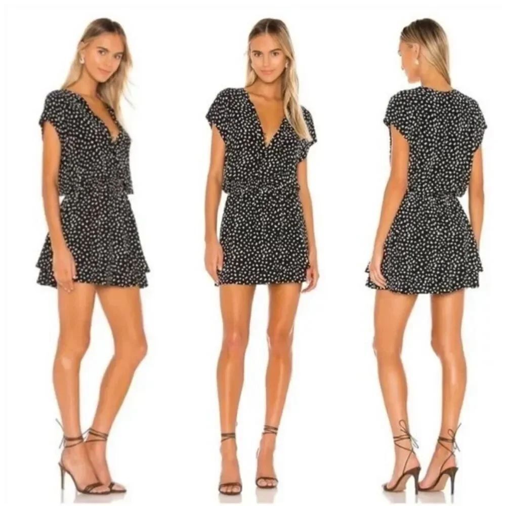 Rails Womens Smocked Waist V-Neck Karla Mini Dress Black Ivory Spots med